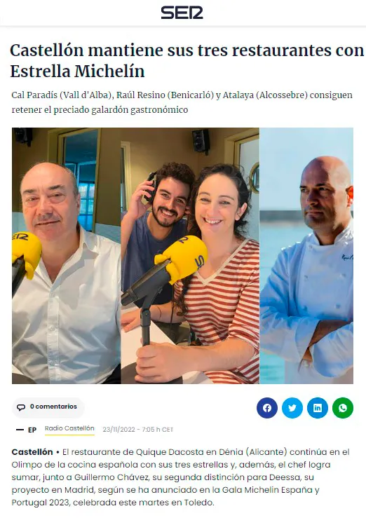 Castellón mantiene sus tres restaurantes con Estrella Michelín